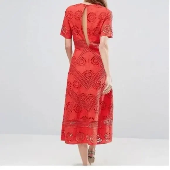 ASOS Design Red Short Sleeve Red Lace Pleated  Paneled Midi Open Back Dress sz 8 - Picture 2 of 8